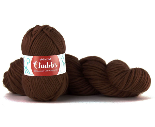 Brown yarn ball of super chunky 100% merino wool with World of Wool 'Chubbs' label on a white background