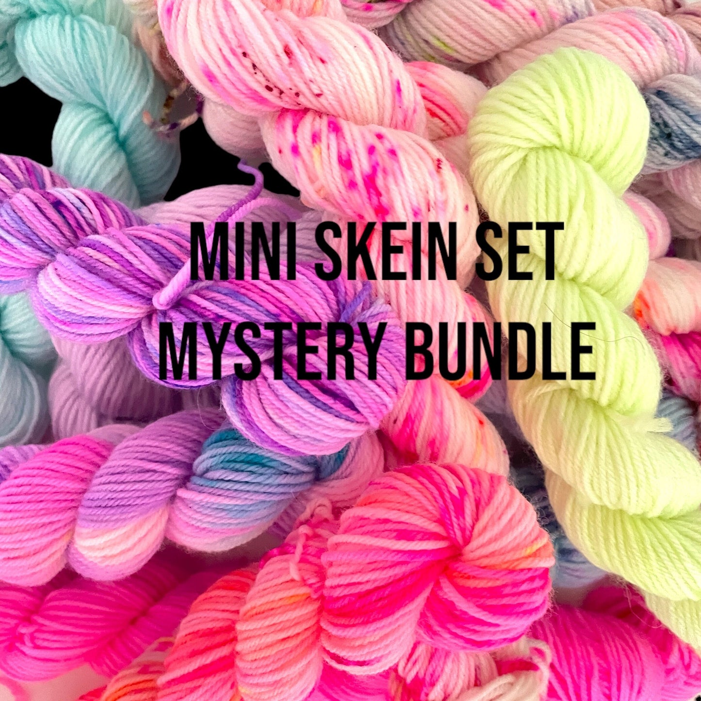 Discover the endless possibilities of our MINI SKEIN SET. Each 20g skein is hand dyed with a mix of vibrant colors, perfect for any project. Made from Superwash Merino Wool and Nylon, these mystery mini skeins are sure to add a touch of unique beauty to your stitching.